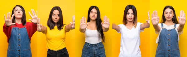 Set Women Making Stop Gesture Disappointed — Stock Photo, Image