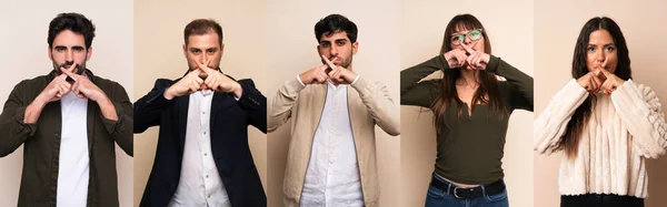 Set People Showing Sign Silence Gesture — Stock Photo, Image