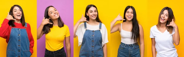 Conjunto Mujeres Haciendo Gesto Telefónico Llámame Señal Vuelta —  Fotos de Stock