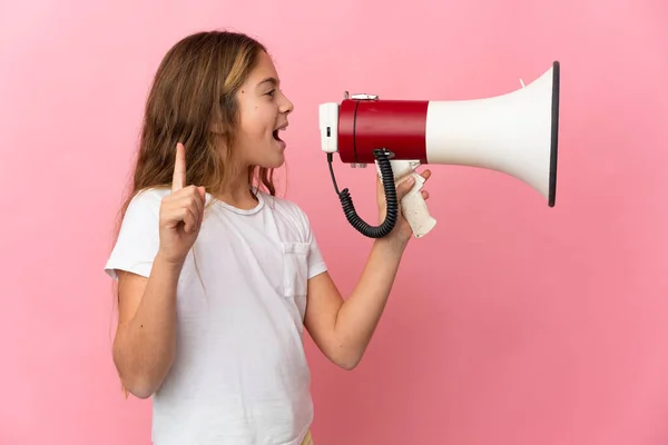 Child Isolated Pink Background Shouting Megaphone Announce Something Lateral Position — Stock Photo, Image