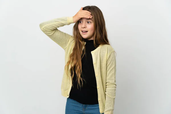 Little Girl Isolated White Background Doing Surprise Gesture While Looking — Stock Photo, Image