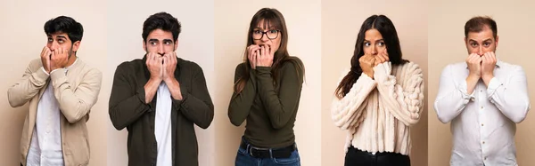 Ensemble Personnes Nerveuses Effrayées Mettant Les Mains Bouche — Photo