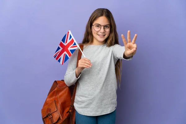 Dítě Držící Britskou Vlajku Nad Izolovaným Pozadí Šťastný Počítání Tři — Stock fotografie