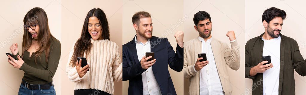 Set of people with phone in victory position