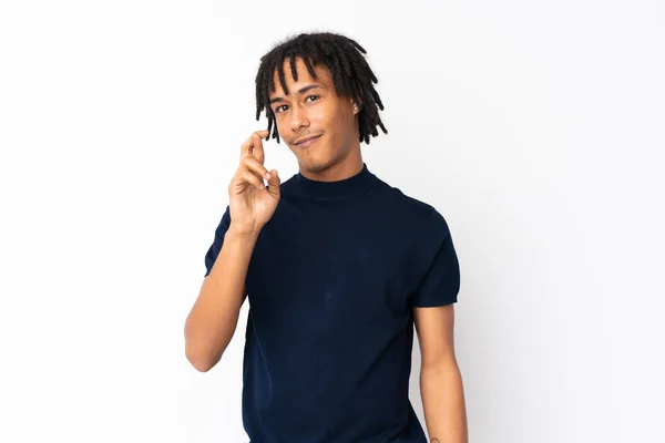 Young African American Man Isolated White Background Fingers Crossing Wishing — Stock Photo, Image