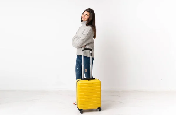 Full Length Body Traveler Woman Suitcase Isolated White Wall Looking — Stock Photo, Image