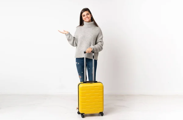 Full Length Body Traveler Woman Suitcase Isolated White Wall Holding — Stock Photo, Image