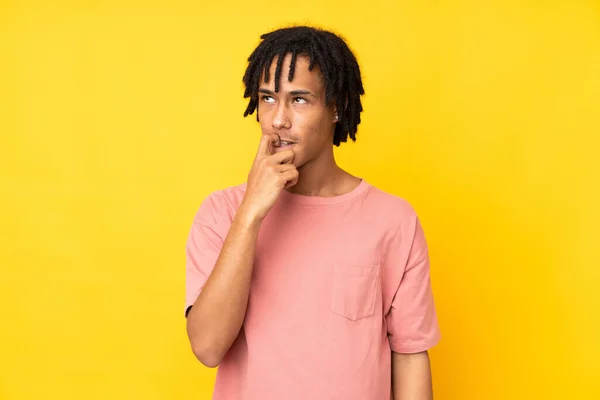 Young African American Man Isolated Yellow Background Nervous Scared — Stock Photo, Image