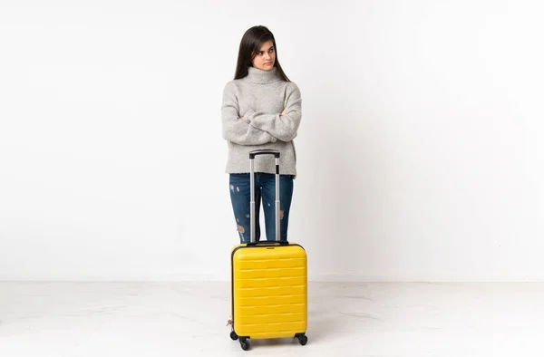 Full Length Body Traveler Woman Suitcase Isolated White Wall Thinking — Stock Photo, Image