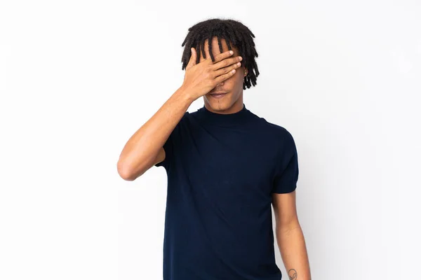 Young African American Man Isolated White Background Covering Eyes Hands — Stock Photo, Image