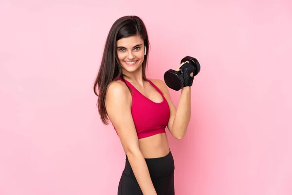 Young Sport Woman Isolated Pink Background Making Weightlifting — Stock Photo, Image