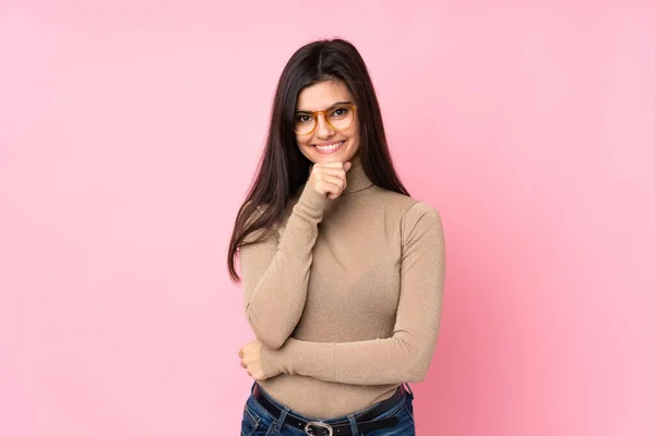 Young Woman Isolated Pink Background Glasses Smiling — Stock Photo, Image