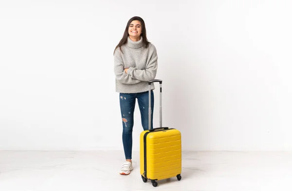 Full Length Body Traveler Woman Suitcase Isolated White Wall Laughing — Stock Photo, Image