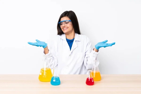 Young Scientific Woman Table Holding Copyspace Two Hands — Stock Photo, Image