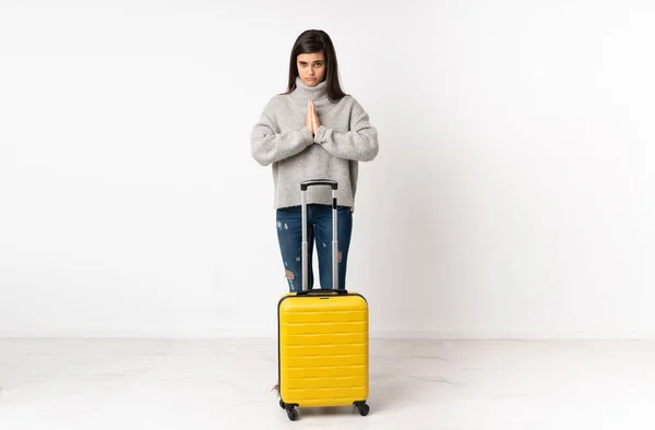 Full Length Body Traveler Woman Suitcase Isolated White Wall Pleading — Stock Photo, Image