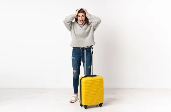 Full Length Body Traveler Woman Suitcase Isolated White Wall Surprise — Stock Photo, Image