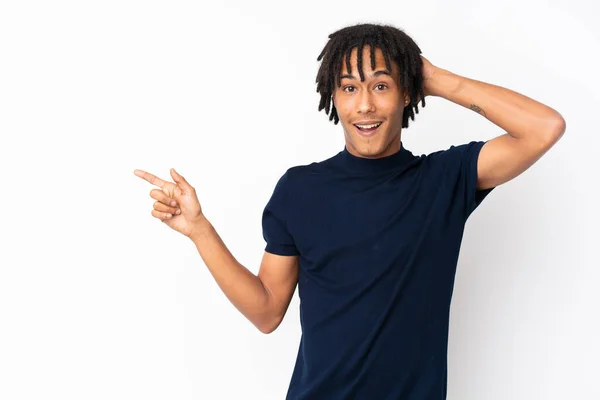 Young African American Man Isolated White Background Surprised Pointing Finger — Stock Photo, Image