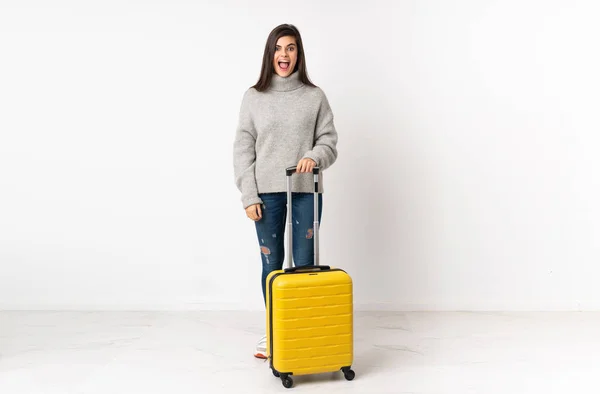 Full Length Body Traveler Woman Suitcase Isolated White Wall Surprise — Stock Photo, Image