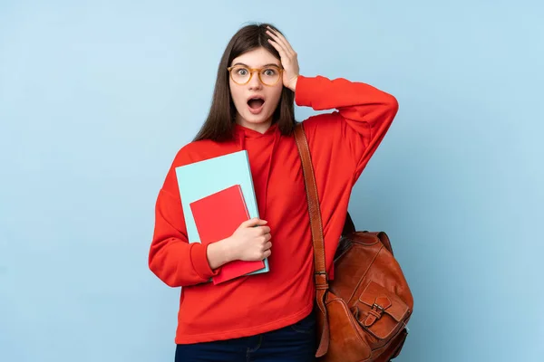 Young Ukrainian Teenager Student Girl Holding Salad Isolated Blue Background — Stock Photo, Image