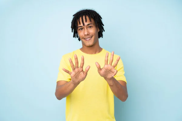Young African American Man Isolated Blue Background Counting Nine Fingers — Stock Photo, Image