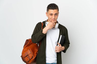 Beyaz arka planda izole edilmiş beyaz bir öğrenci.