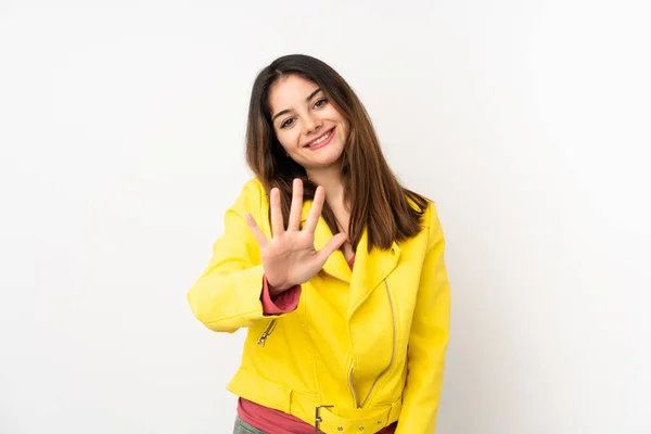 Ung Kaukasiska Kvinna Isolerad Vit Bakgrund Räkna Fem Med Fingrar — Stockfoto