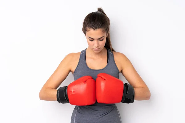 Adolescente Brasileño Deporte Chica Sobre Aislado Blanco Fondo Con Guantes —  Fotos de Stock