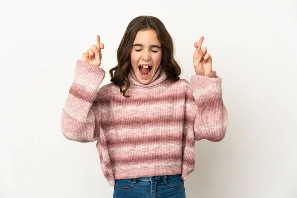 Klein Blank Meisje Geïsoleerd Witte Achtergrond Met Vingers Kruisen — Stockfoto