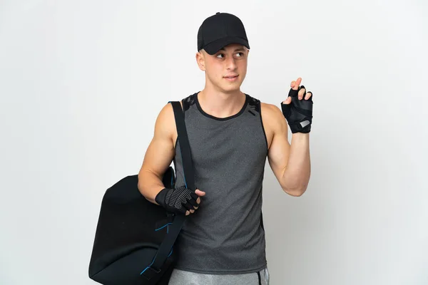 Jonge Sport Blanke Man Met Tas Geïsoleerd Witte Achtergrond Met — Stockfoto