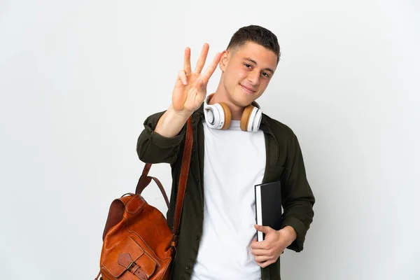 Jovem Estudante Caucasiano Homem Isolado Fundo Branco Feliz Contando Três — Fotografia de Stock