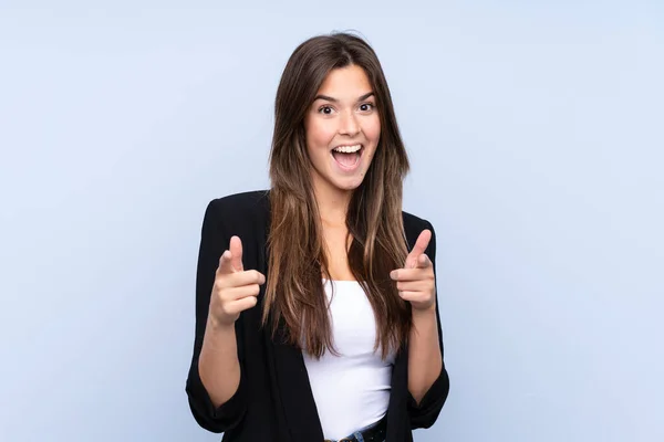 Young Brazilian Business Woman Isolated Blue Background Points Finger You — Stock Photo, Image