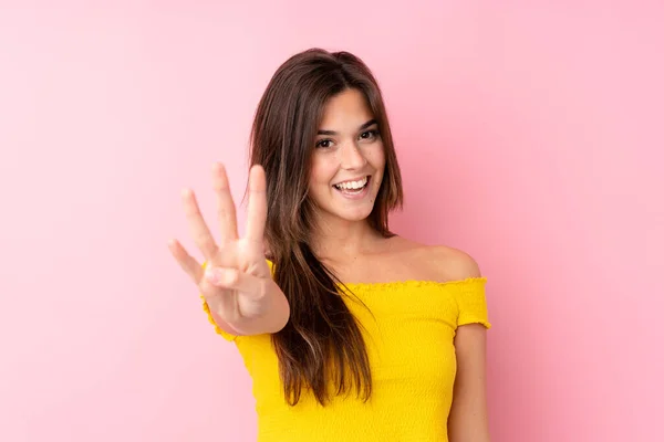Adolescente Brasileña Chica Sobre Aislado Rosa Fondo Feliz Contando Cuatro —  Fotos de Stock