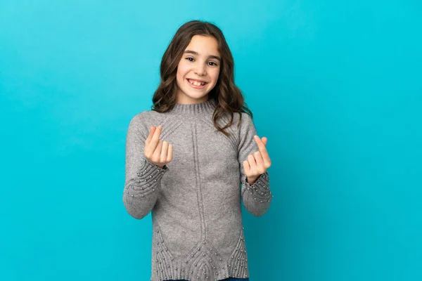 Little Caucasian Girl Isolated Blue Background Making Money Gesture — Stock Photo, Image