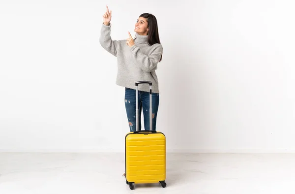 Full Length Body Traveler Woman Suitcase Isolated White Wall Pointing — Stock Photo, Image