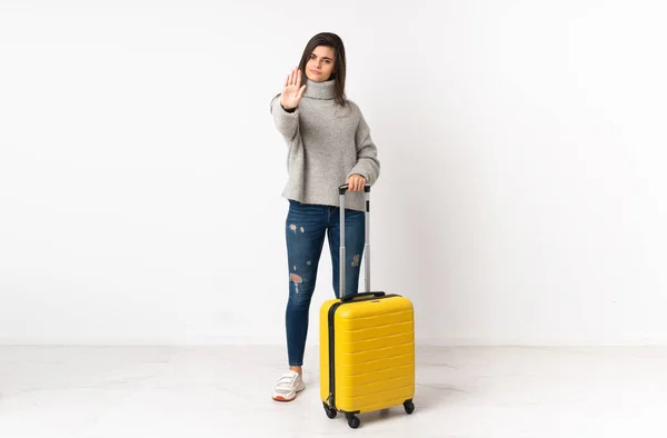 Full Length Body Traveler Woman Suitcase Isolated White Wall Making — Stock Photo, Image