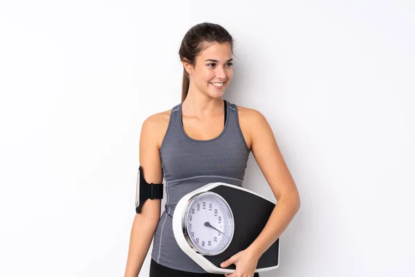 Teenager Brazilian Sport Girl Isolated White Background Weighing Machine — Stock Photo, Image