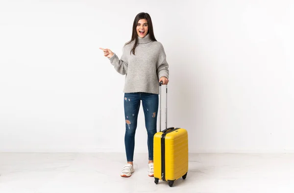 Full Length Body Traveler Woman Suitcase Isolated White Wall Surprised — Stock Photo, Image