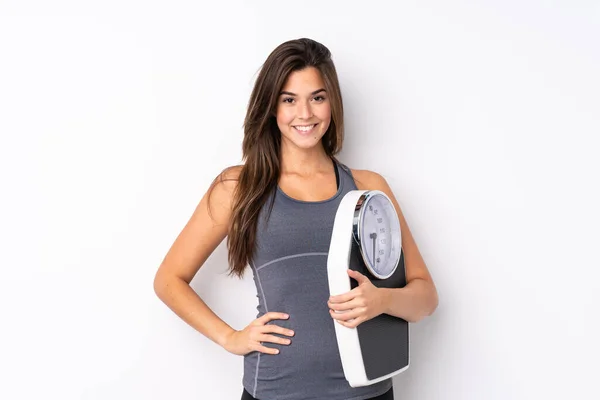 Teenager Brazilian Girl Holding Scale Isolated White Background Weighing Machine — Stock Photo, Image