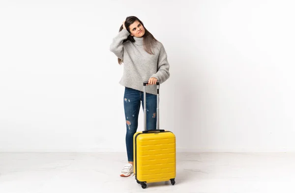 Full Length Body Traveler Woman Suitcase Isolated White Wall Having — Stock Photo, Image