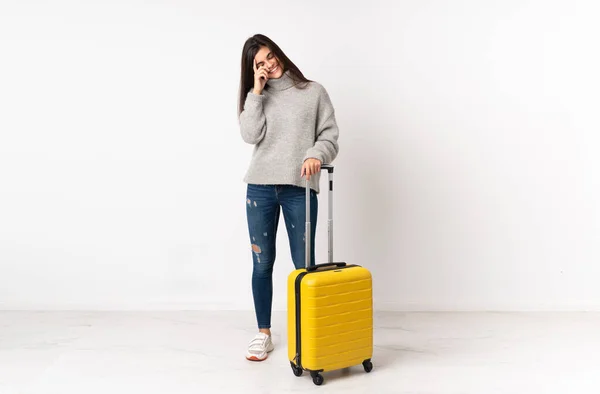 Full Length Body Traveler Woman Suitcase Isolated White Wall Laughing — Stock Photo, Image