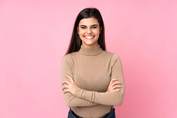 Junge Frau Über Isoliertem Rosa Hintergrund Die Arme Frontalposition Verschränkt — Stockfoto