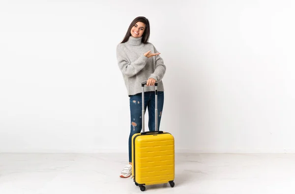 Full Length Body Traveler Woman Suitcase Isolated White Wall Extending — Stock Photo, Image