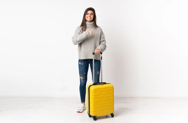 Full Length Body Traveler Woman Suitcase Isolated White Wall Giving — Stock Photo, Image