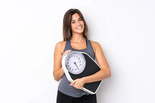 Teenager Brazilian Girl Holding Scale Isolated White Background Weighing Machine — Stock Photo, Image