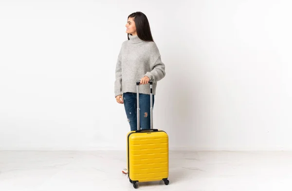 Full Length Body Traveler Woman Suitcase Isolated White Wall Looking — Stock Photo, Image