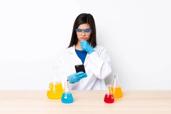 Young Scientific Woman Table Thinking Sending Message — Stock Photo, Image