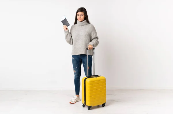 Full Length Body Traveler Woman Suitcase Isolated White Wall — Stock Photo, Image
