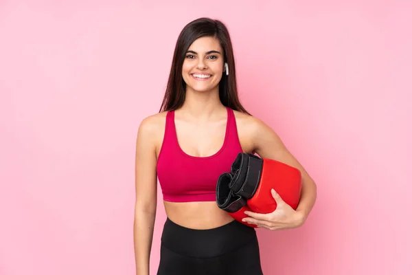 Jovem Mulher Esporte Sobre Isolado Fundo Rosa Com Luvas Boxe — Fotografia de Stock