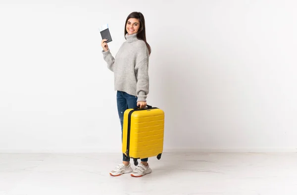 Full Length Body Traveler Woman Suitcase Isolated White Wall — Stock Photo, Image