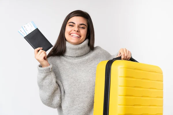 Traveler Woman Suitcase Isolated White Wall — Stock Photo, Image
